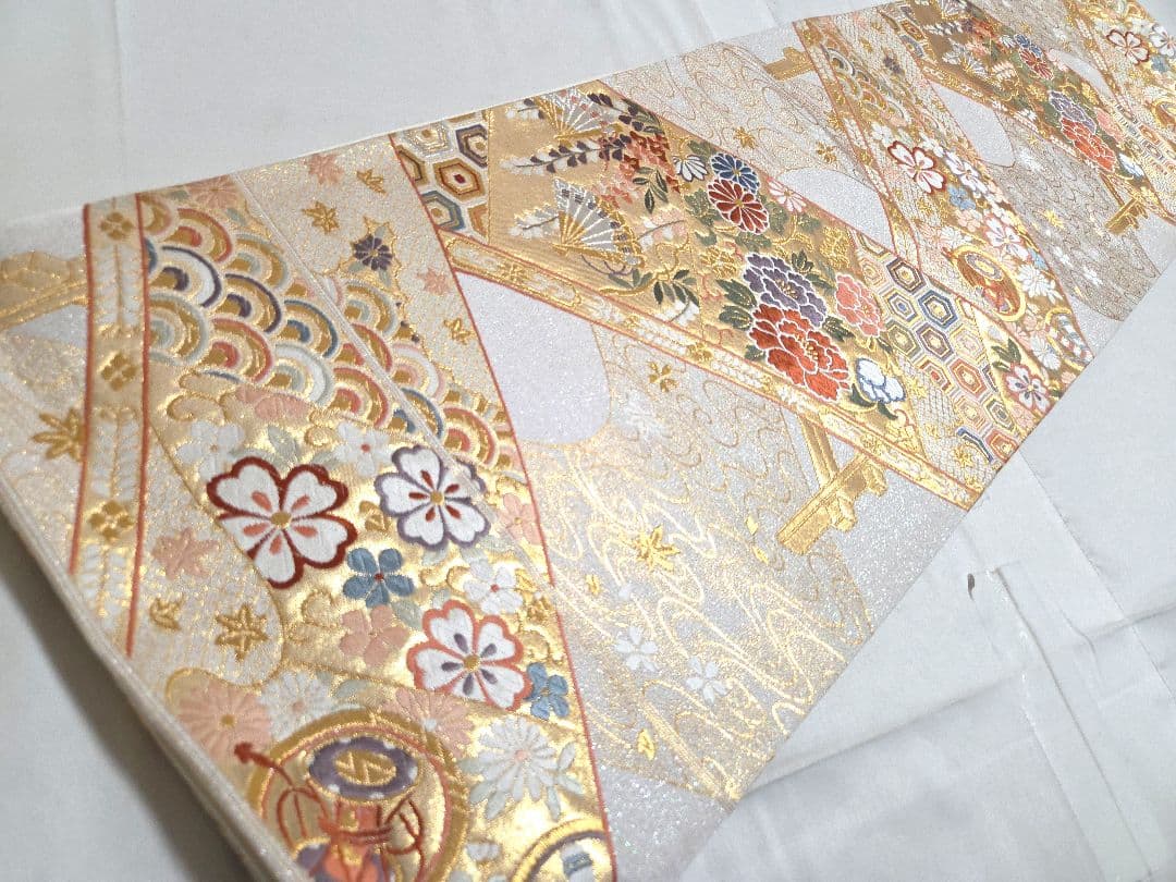 A5◇着物くつろぎ 美品 西陣織 能衣華橋 金 桜 六通 正絹 フォーマルな