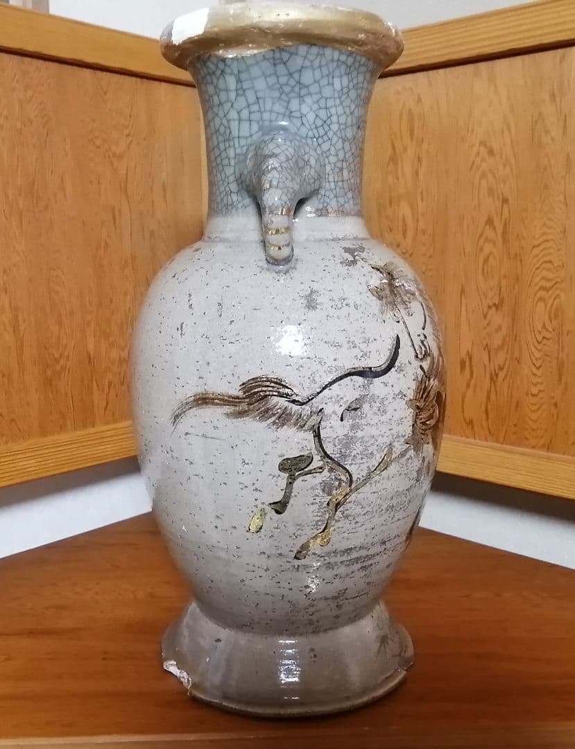 相馬焼 双駒 金彩 双耳大花瓶 希少品 大正期頃 高さ約34cm 骨董 古美術