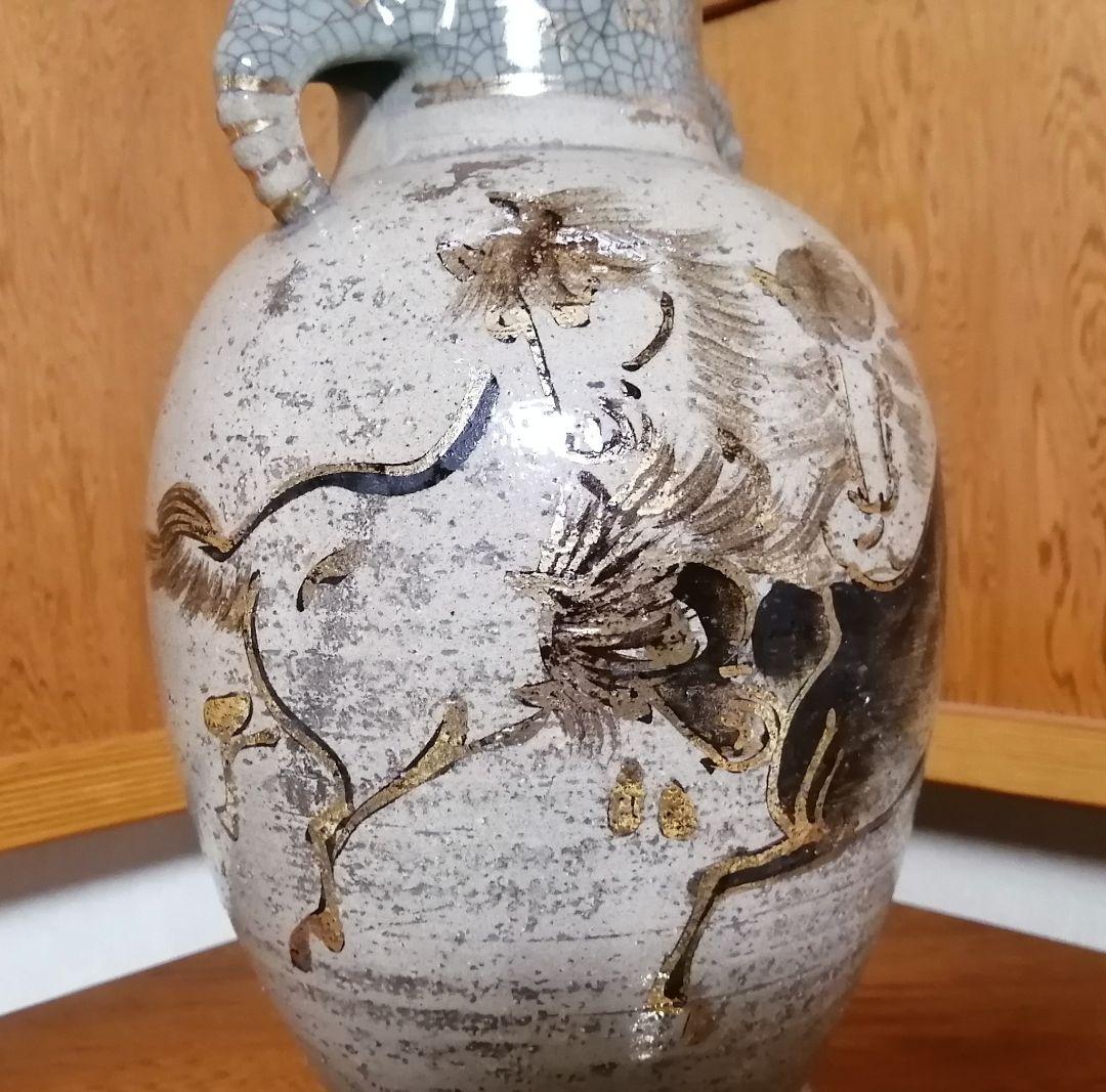 相馬焼 双駒 金彩 双耳大花瓶 希少品 大正期頃 高さ約34cm 骨董 古美術