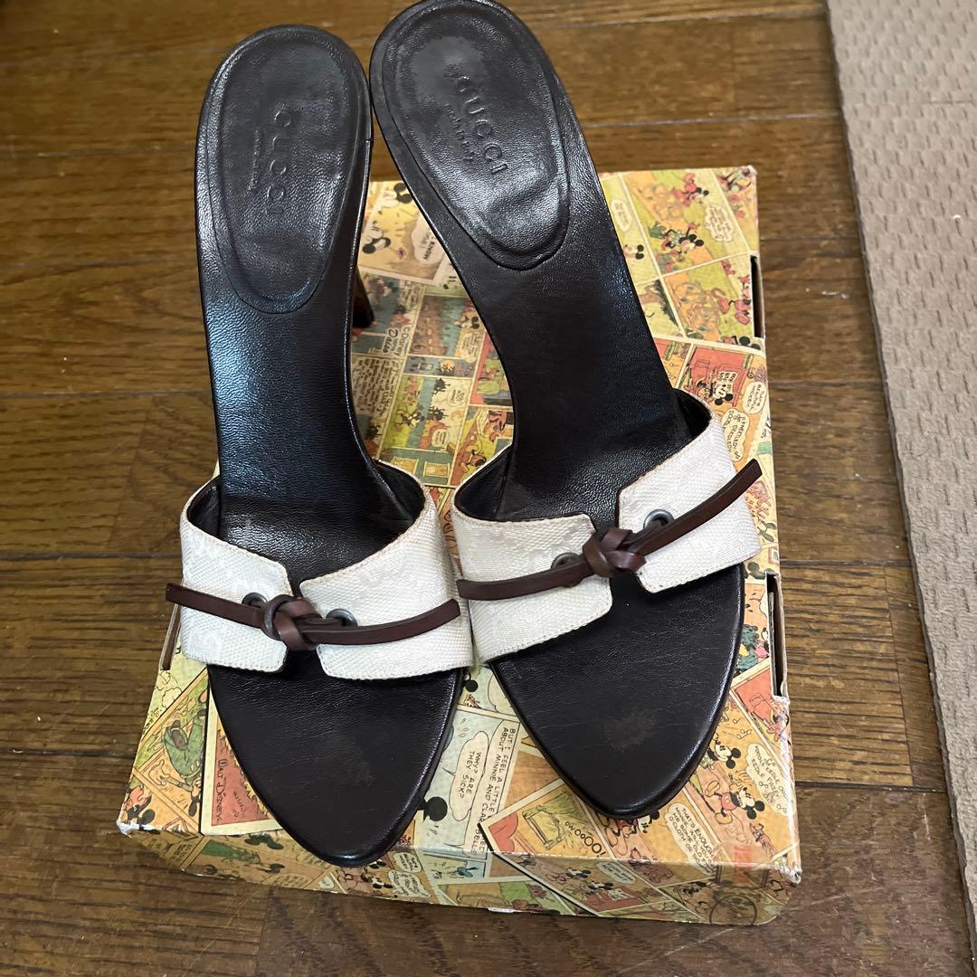 GUCCI ホワイト ブラック ミュール 約10cmヒール グッチ レディースパンプス/靴・ヒール・サンダル