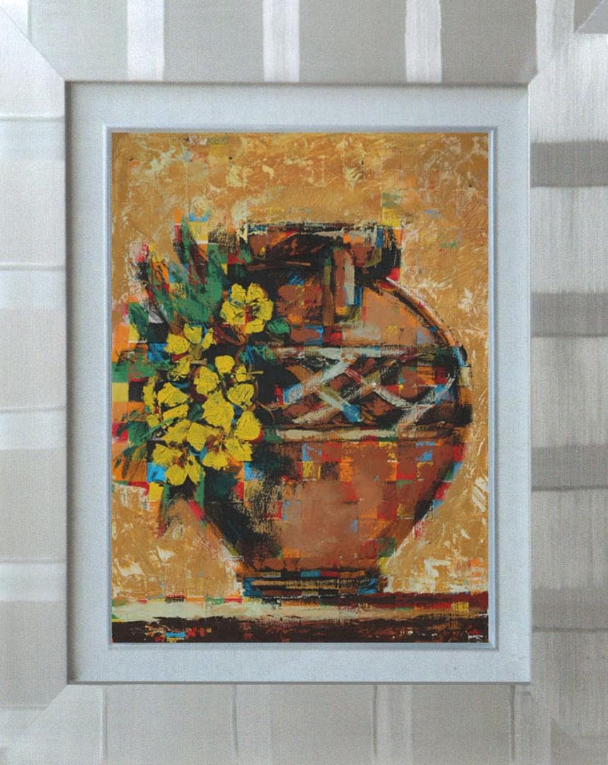 油絵 菅家令子絵 絵画インテリア額付(青緑＋金色の枠) uF6-063904