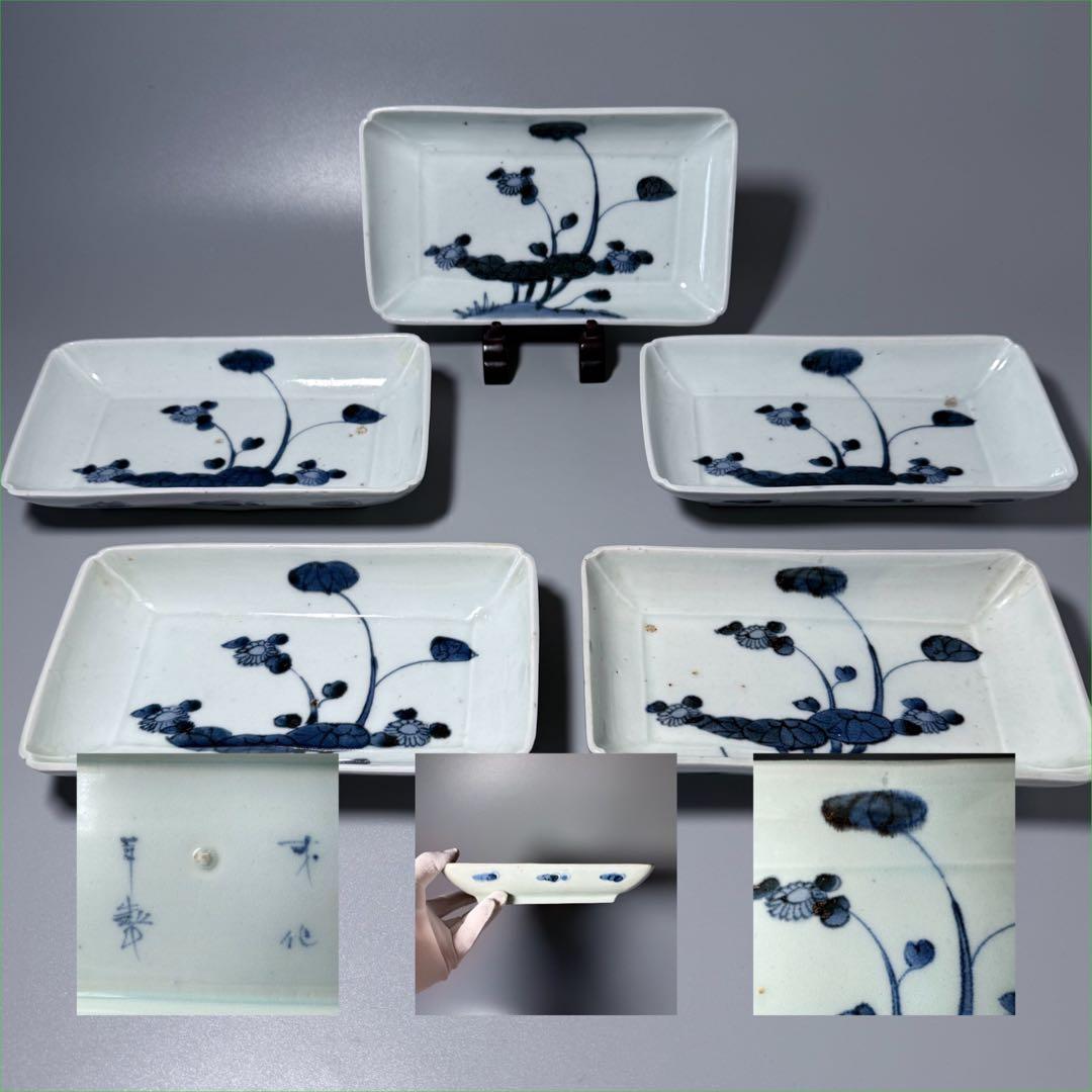 古伊万里　染付芙蓉文様長皿　五客　成化年製　江戸後期　料理屋　花草文様　裏文様有 古伊万里 染付芙蓉文様長皿 五客 成化年製 江戸後期 料理屋 花草文様