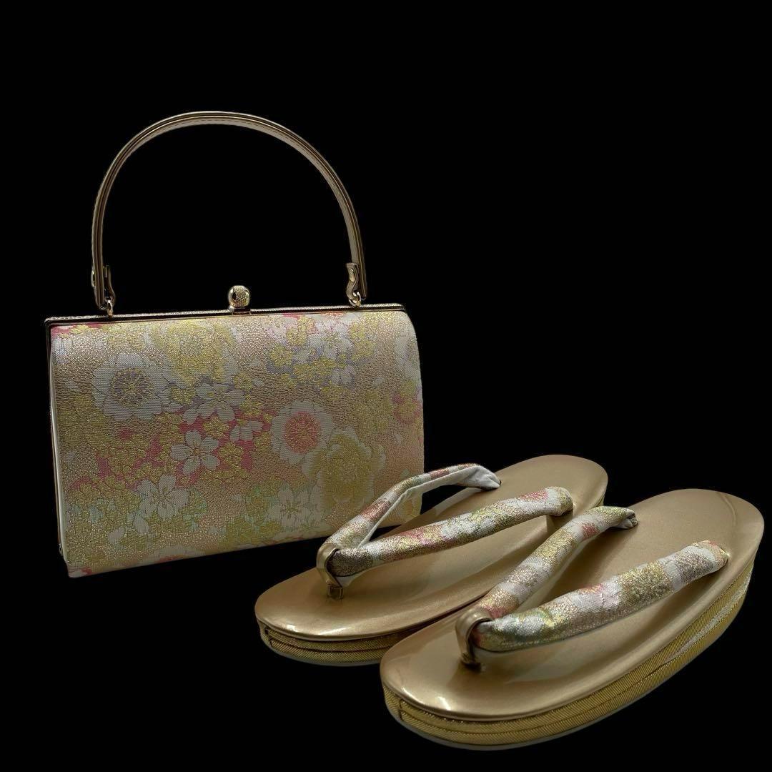 美品✨バッグ草履セット✨ゴールド　桜文様　和装着物用✨フォーマル　成人式 楽天市場】草履バッグセット 振袖用 高級 桜 墨流し 金 ゴールド 振袖