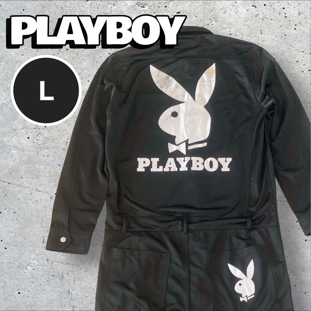 【美品】プレイボーイ　つなぎ カバーオール　バックプリント シルバー　【L】 セットアップ対応】ヴィンテージライク/デニムショートカバーオール