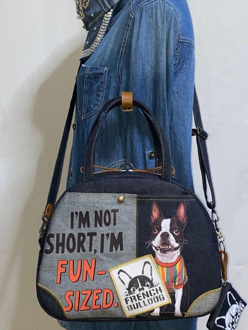 ☆岡山デニム☆ボステリ&フレブル☆ステンシル☆扇型☆4wayボストン