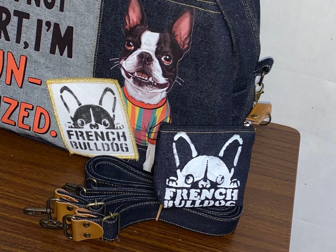 ☆岡山デニム☆ボステリ&フレブル☆ステンシル☆扇型☆4wayボストン