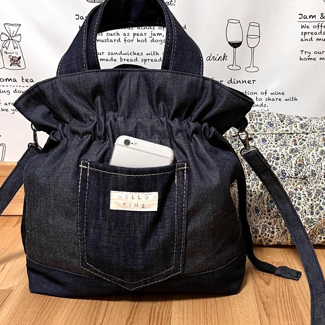 デニムリメイク タータンチェック 巾着 ショルダーバッグ