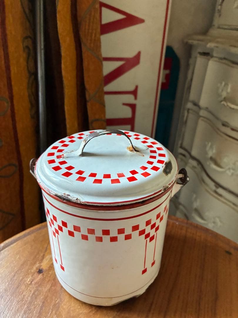 フランス アンティーク ホーロー ストッカー キャニスター ダミエ 市松