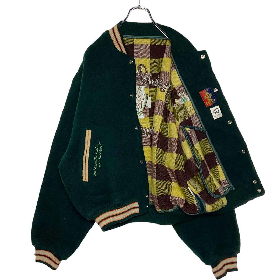 90s古着 ウールスタジャン 緑 XL 刺繍 バーシティジャケット ブルゾン