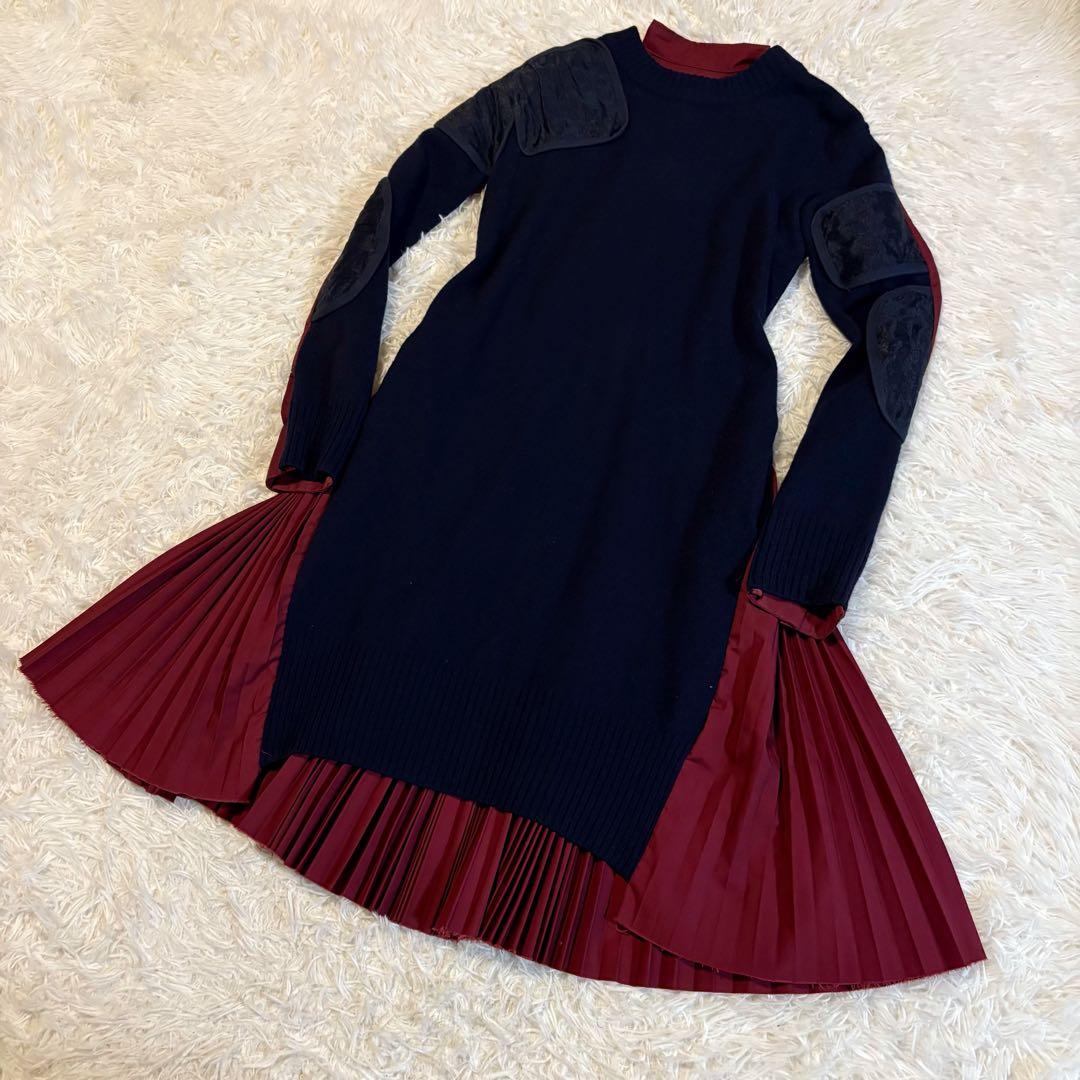 サカイ 2016AW ニット プリーツ パッチワーク ドッキングワンピース sacai/サカイ】ニットライダースドッキングプリーツワンピース【買取