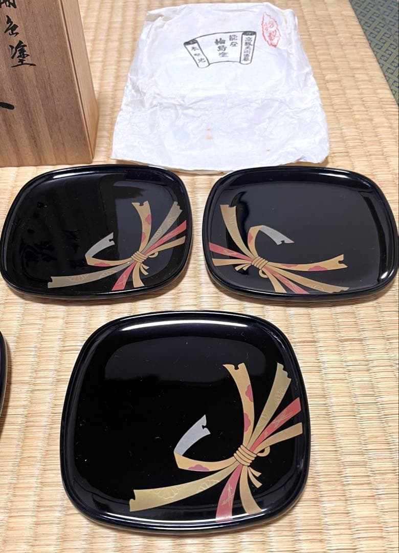輪島塗 木製 黒塗り 色絵熨斗文様蒔絵 銘々皿 五客 煎茶道具高平信子作