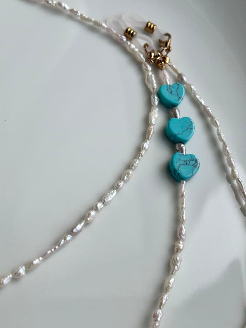 淡水パール ターコイズ ハート メガネ マスク チェーン 2way - メルカリ