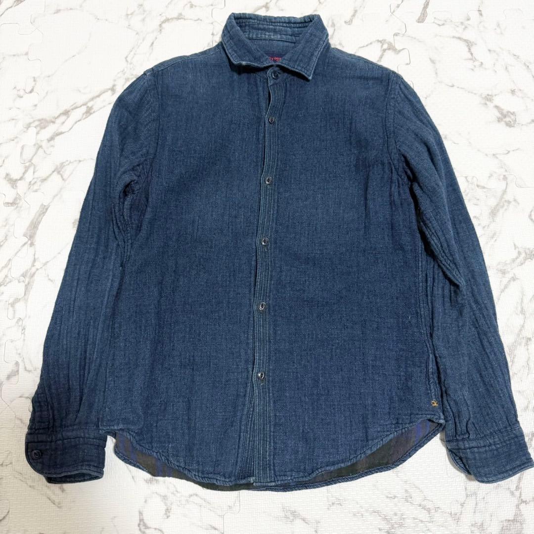 極美品】45R インディゴ染め デニムシャツ コットン100%R刺繍