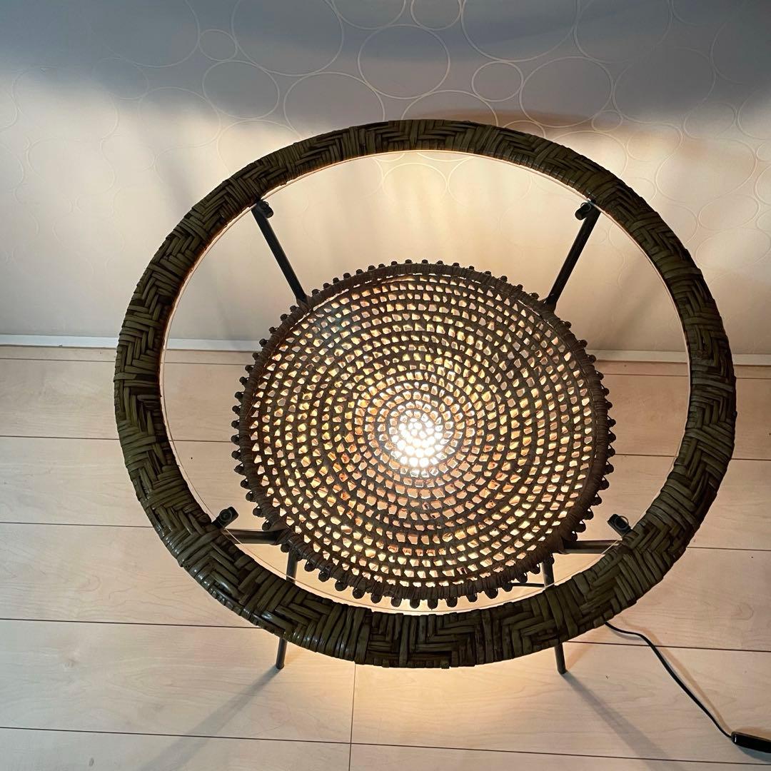 美品】ラタン ガラス天板 サイドテーブル 照明付き 間接照明 籐家具