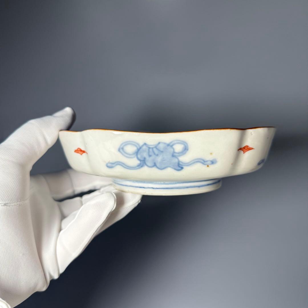 古伊万里 色絵幾何学文木瓜形皿 五客 裏文様有 巻物 宝珠 幕末〜明治期