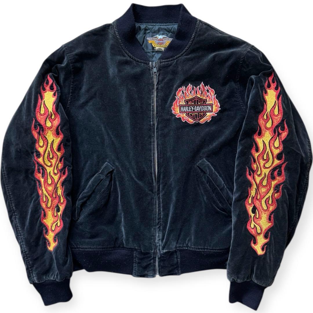 HARLEY DAVIDSON 別珍 ベロア スカジャン フレイム M ブラック - メルカリ