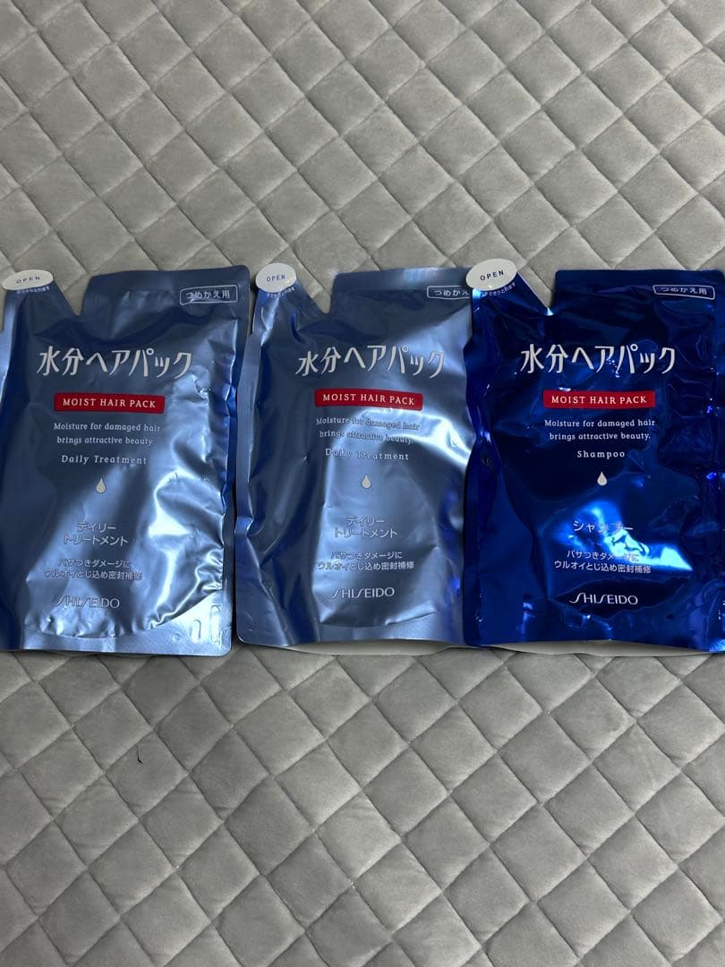 TM シセイドウ　水分ヘアパック 詰替×３ Amazon | 【まとめ買い】 水分ヘアパック 寝ぐせなおしエッセンス 本体