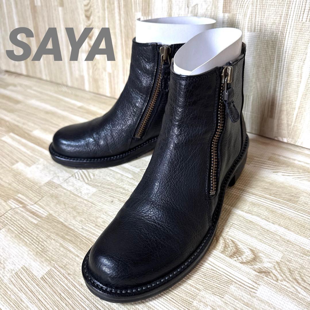 【極美品】SAYAサヤ レザーサイドジップショートブーツ 黒 牛革　23cm 極美品】SAYAサヤ レザーサイドジップショートブーツ 黒 牛革 23cm