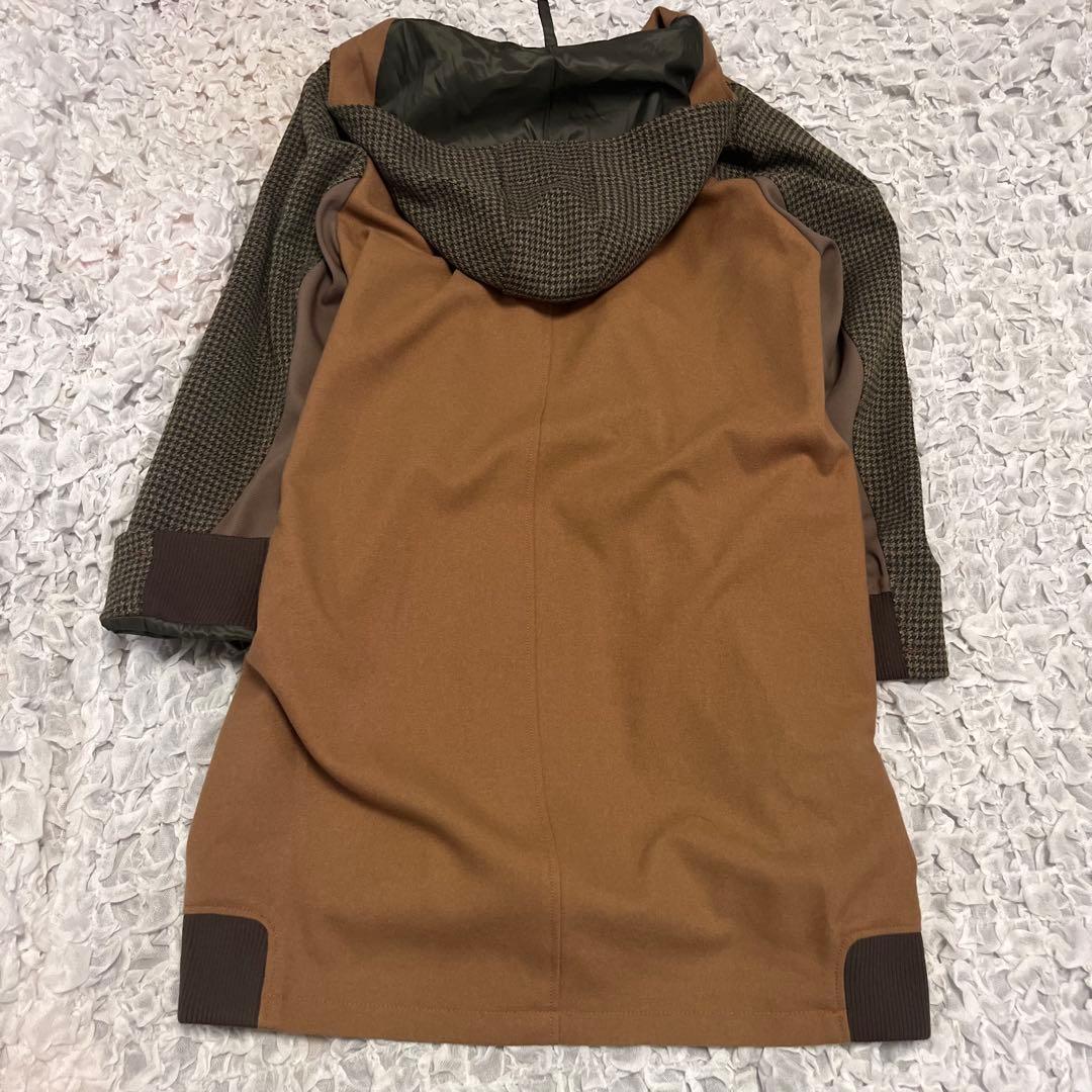 美品【ROSIER ロジエ】日本製 異素材MIX 切り替え コート フード 茶の