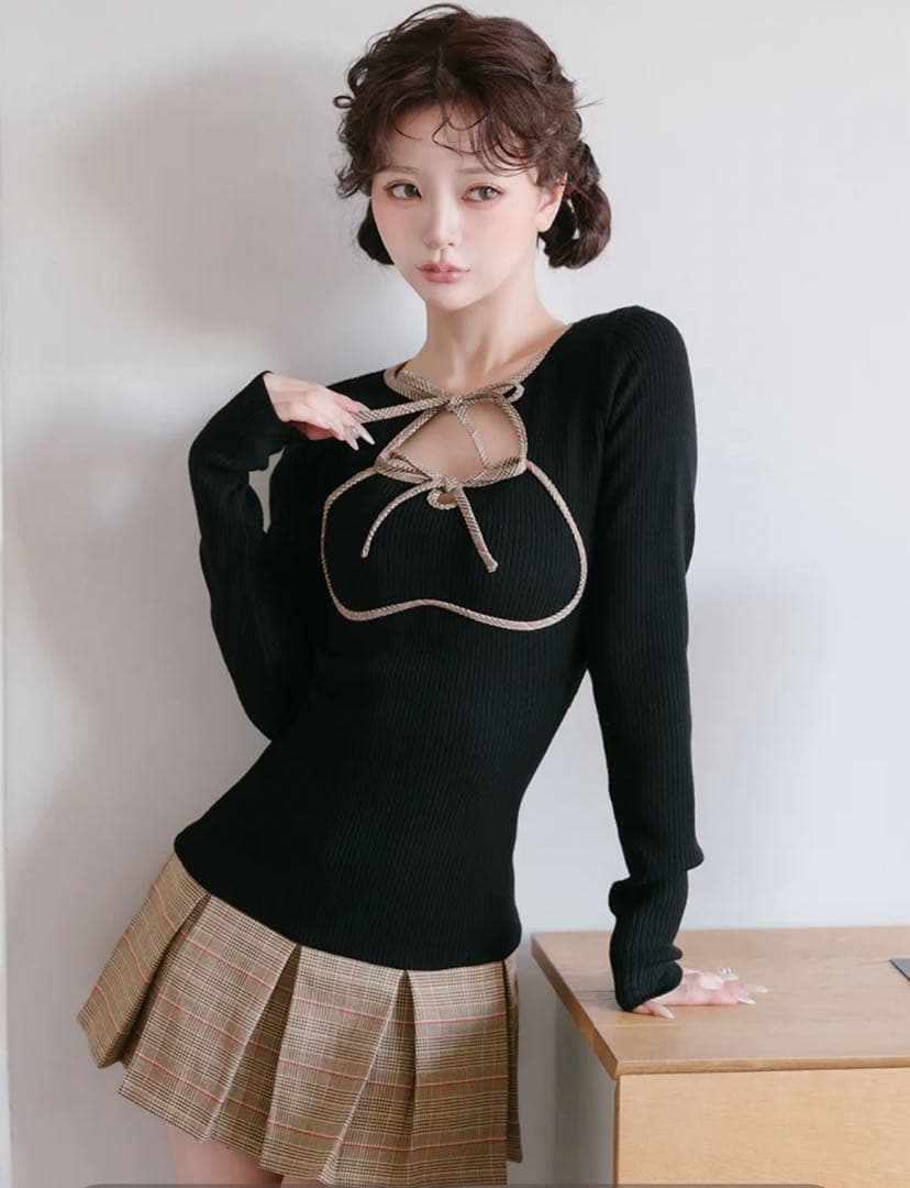 Darich ダーリッチ ポイントチェックニットミニワンピース BLK Free