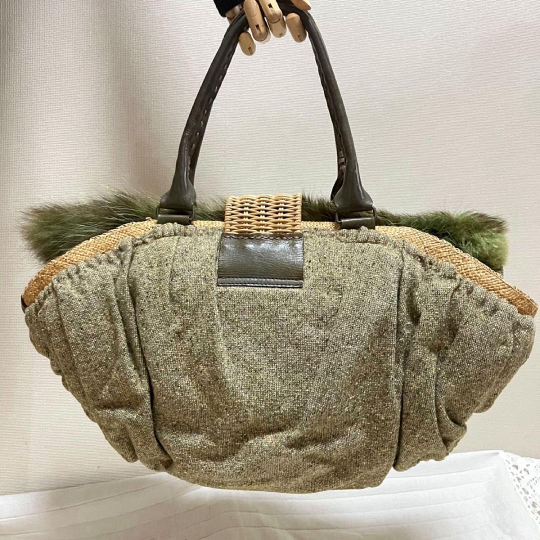 eb.a.gos ツイード×ラビットファー×ラフィア×紅籐×レザー かごバッグ