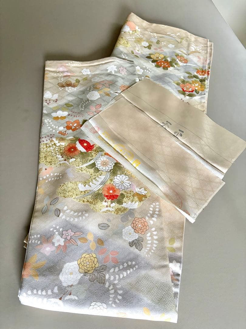 正絹 四季古典柄 友禅染 袷 訪問着 淡オレンジベージュ(和色:肌色) 未