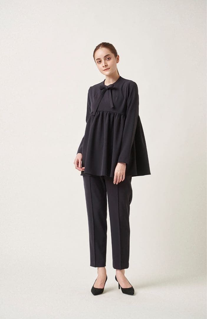 yoriヨリ セレモニーリボンブラウス 36 ブラック ペプラムシルエット 長袖