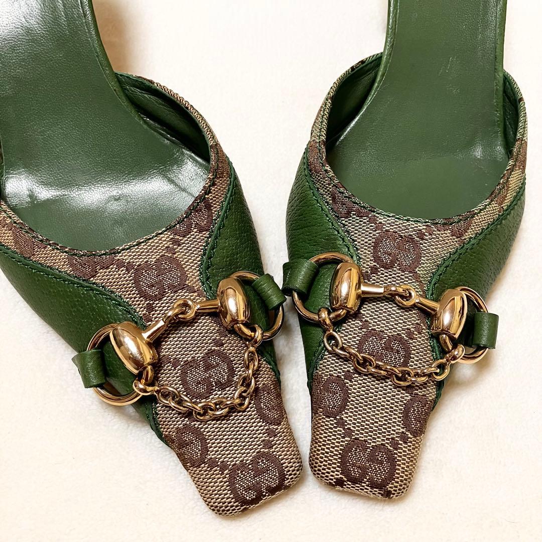 GUCCI グリーン ミュール GGマーク 23.5cm メタル金具付