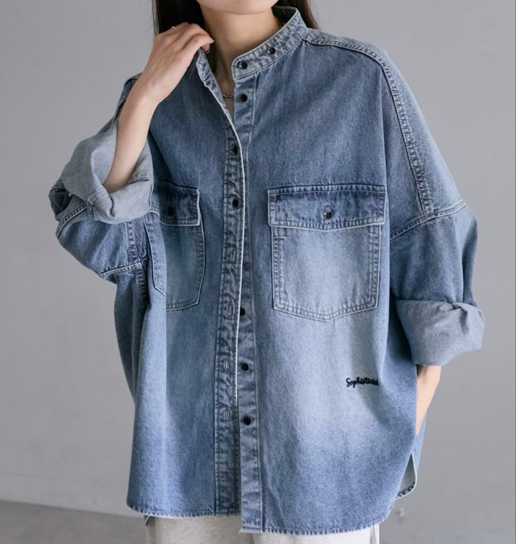 PUAL CE CIN ヴィンテージライクデニムバンドカラーシャツ ブルー系 pual ce cin ブラウス シャツ ヴィンテージライクデニムバンドカラー