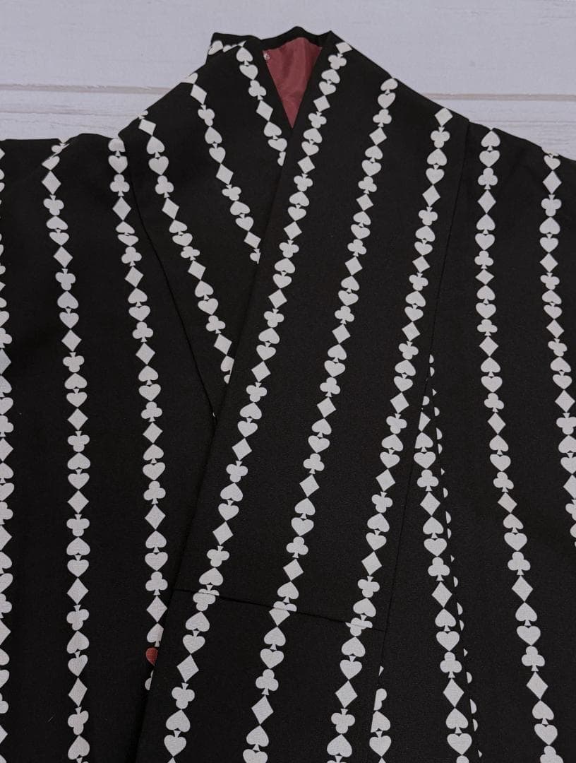 着物12 ふりふ いろはトランプストライプ柄袷着物 黒 身丈165裄丈