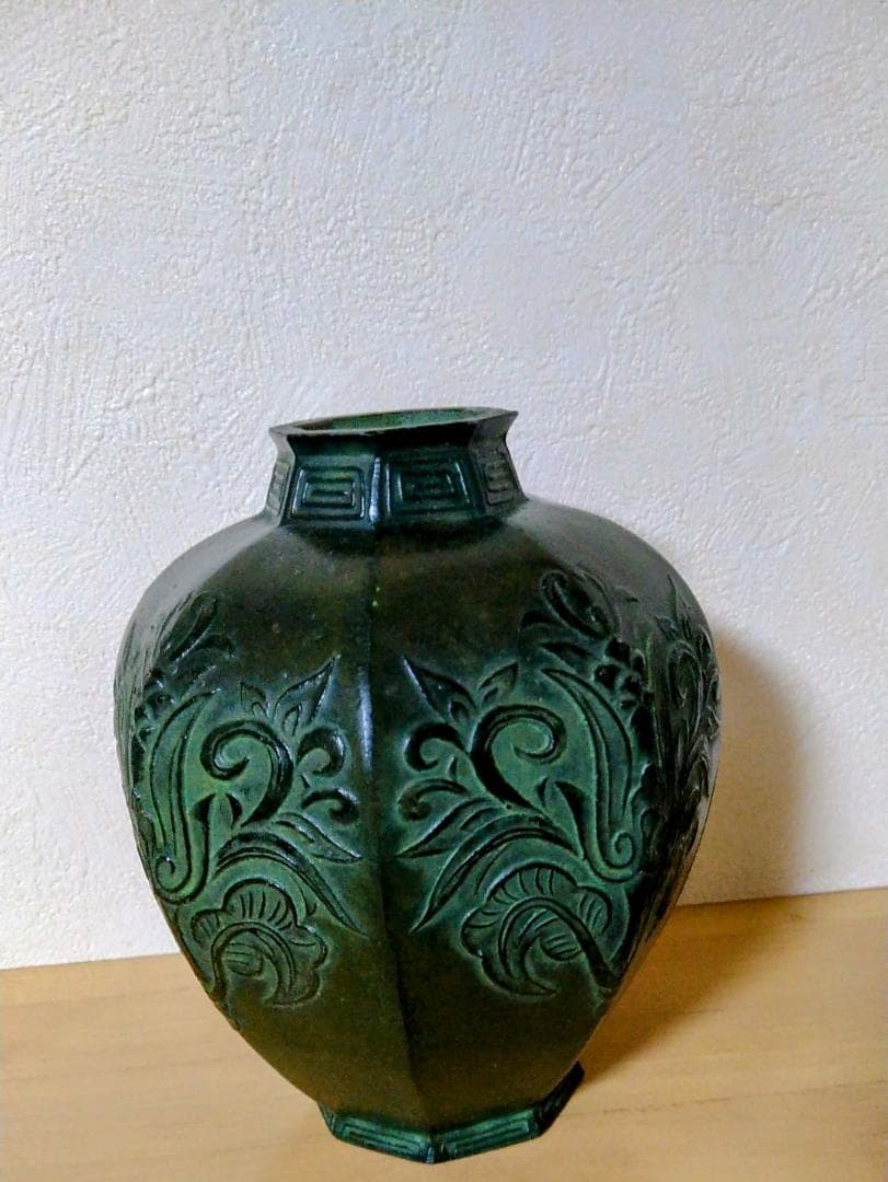 青銅 緑色彫刻 陶器壺 花瓶 アンティーク 八角形 昭和 レトロ 銅