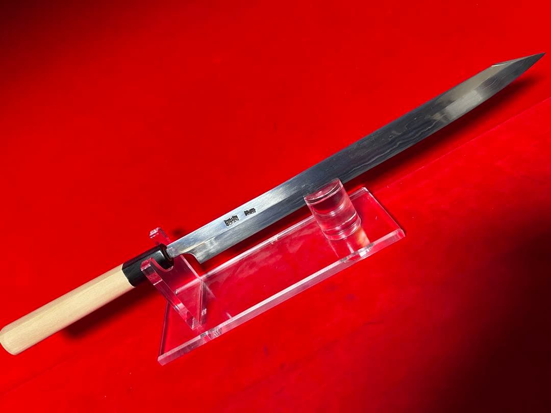 01586 包丁　剣型切付　保勝　津軽打刃物　練鉄　墨流し　尺　箱付　未使用品 堺 孝行 黒影 V金10号 鎚目 テフロン加工 剣型牛刀包丁 190mm ウエンジ