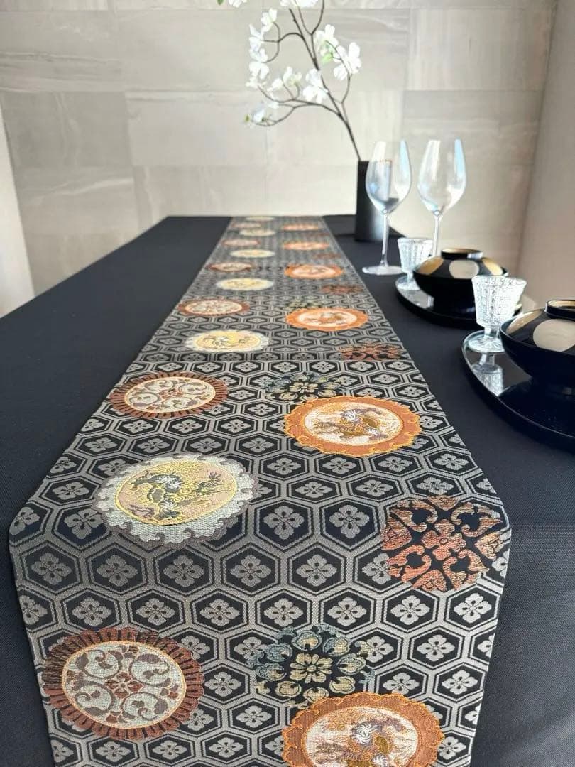 専用◼︎C1128高級袋帯 正絹 絵皿文 亀甲花菱文 テーブルランナー〜280cm