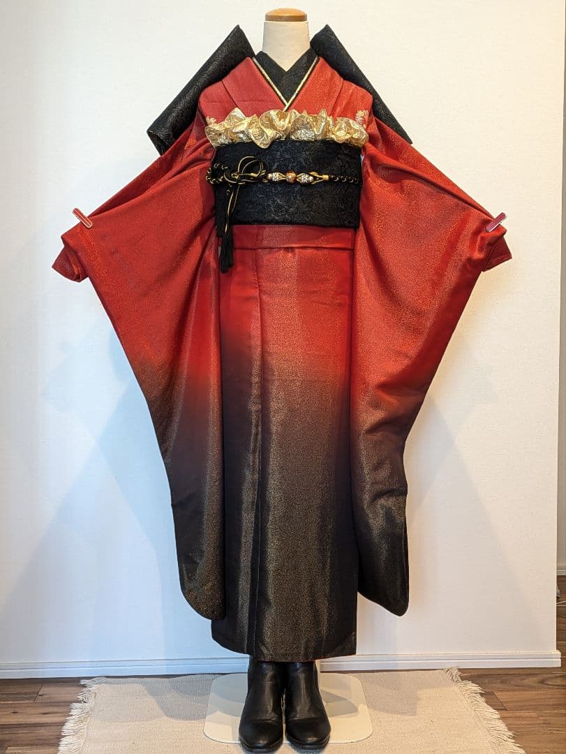 振袖フルセット 身丈165裄68.5 豪華振袖 金通し 赤 黒 逸品 成人式