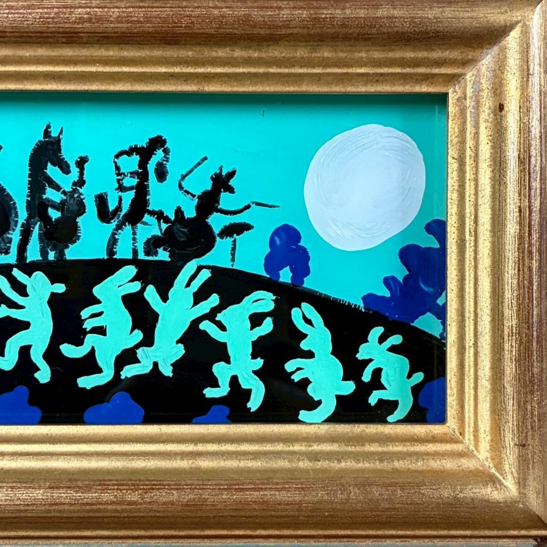 柚木沙弥郎「つきよのおんがくかい」ガラス絵 肉筆 直筆サイン入 共