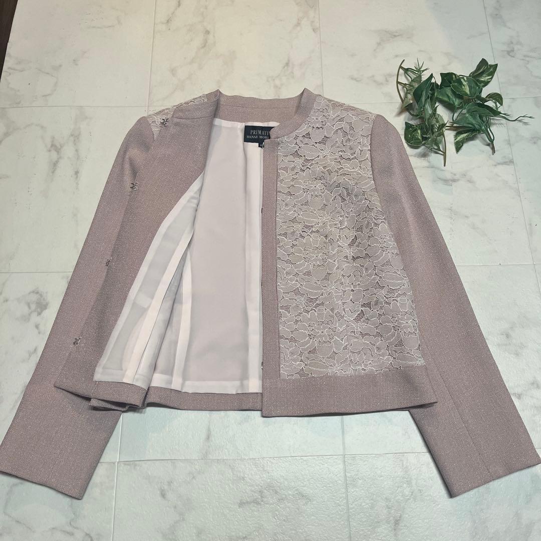 極美品 ハナエモリ ノーカラージャケット レース サイズ40 シボ加工 薄