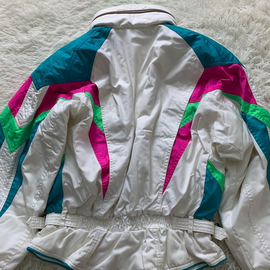 美品□アシックス レトロ スキーウェア ホワイト マルチカラー M