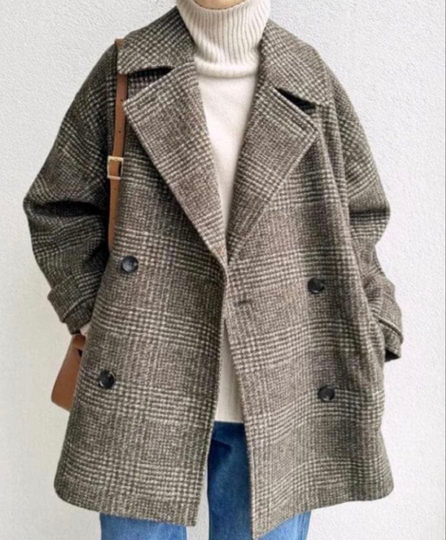 美品✨スピックアンドスパン　Wスライバーチェックハーフコート　ブラウン　36 Wスライバーチェックハーフコート | スピック＆スパン(Spick and Span