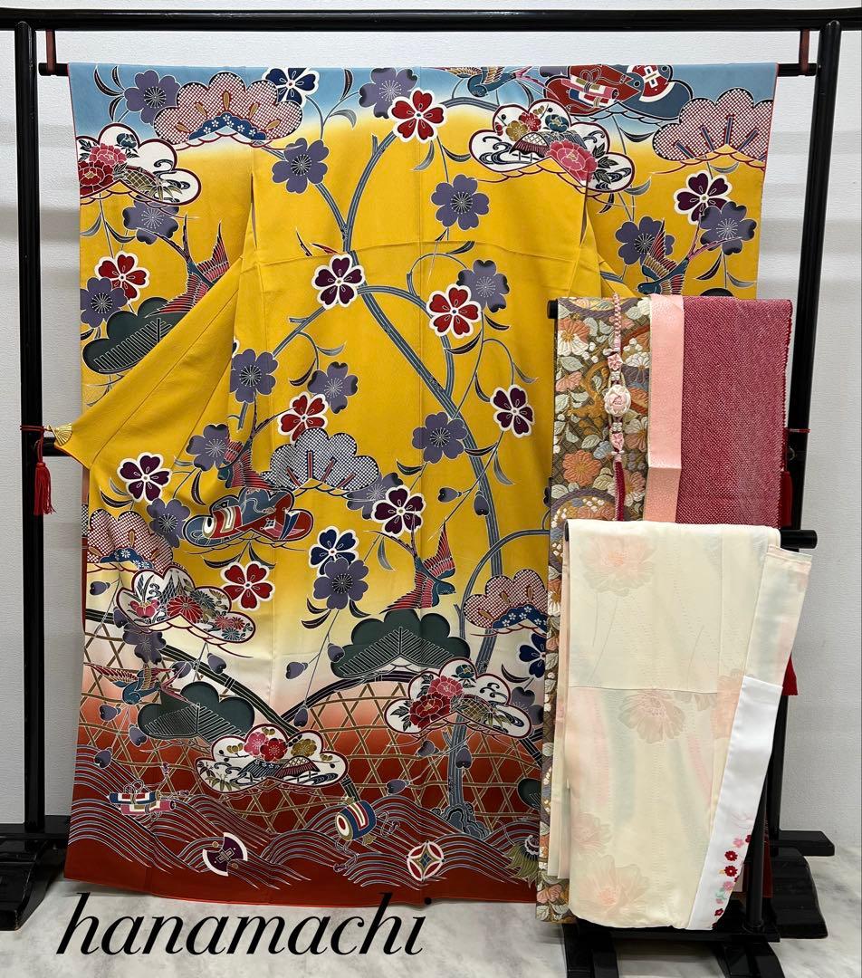 紅型染め　振り袖　フルセット　別誂長襦袢　成人式　美品　佐賀錦本唐織　753 407伝統 紅型染め 花 正絹振袖6点フルセット成人式卒業式結婚