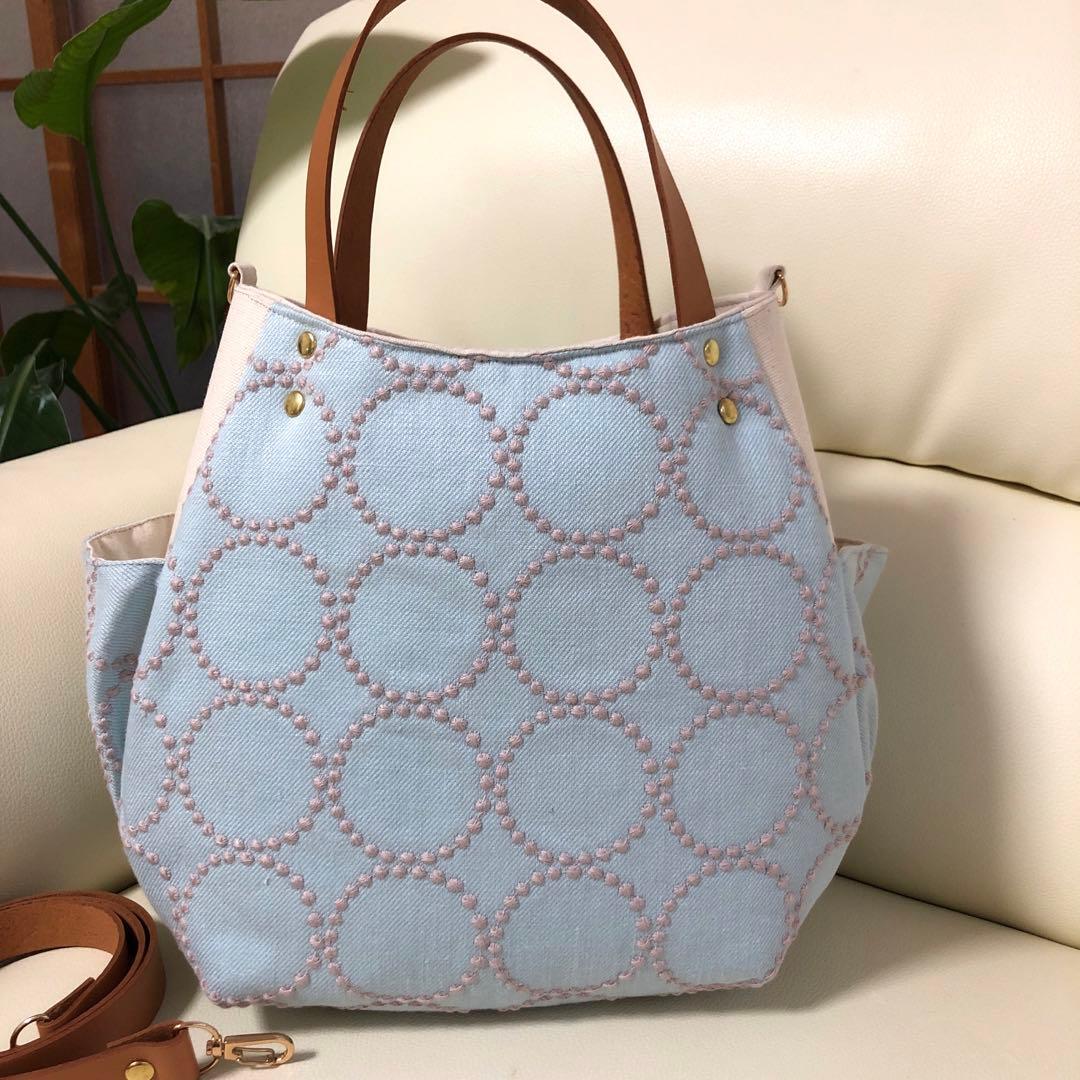 バルーンバッグ（M）ミナペルホネン 《タンバリン&choucho》Blueヌメ革