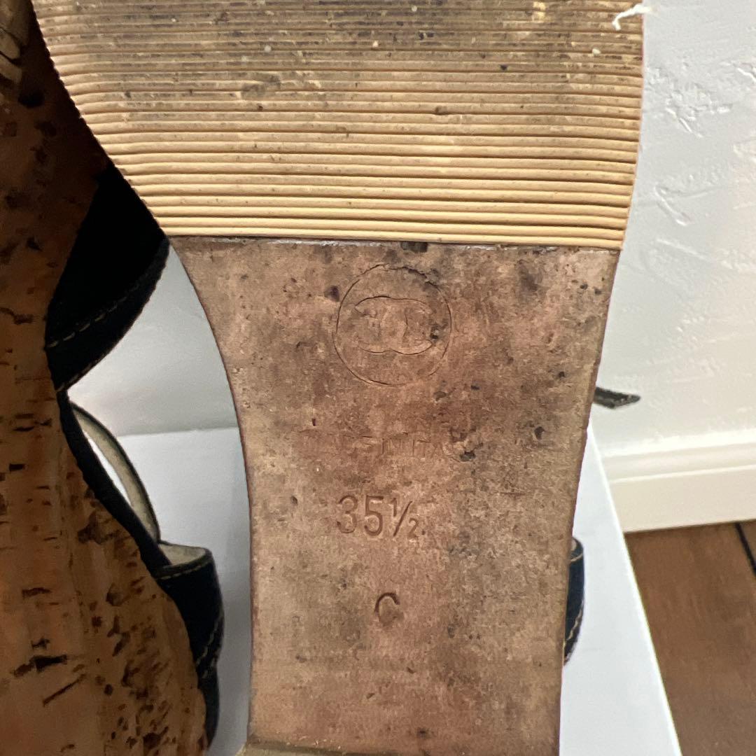 シャネル カメリア デニム ウェッジソール サンダル ヒール 22.5cm