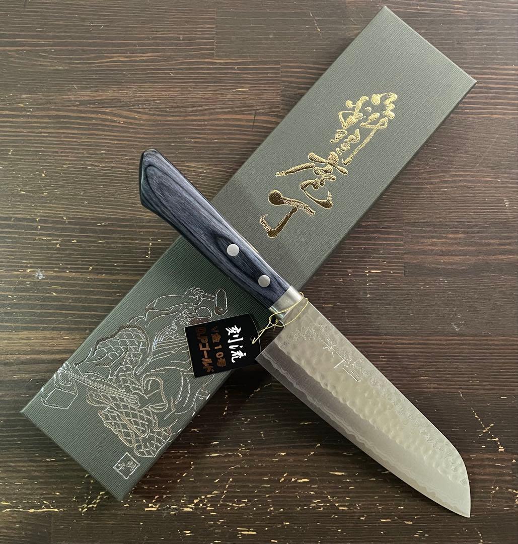 増谷刃物 訓平作 三徳包丁 VG10積層槌目 刻流 口金有 紺柄