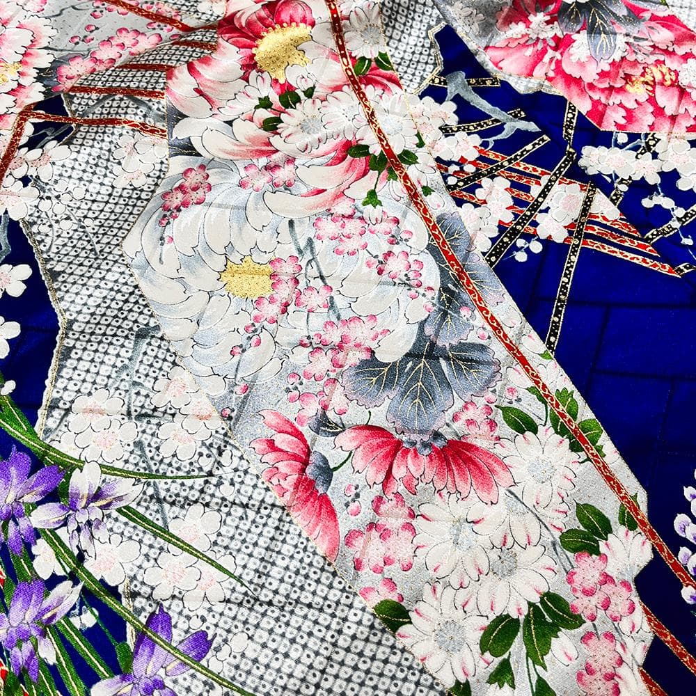 千總 振袖 正絹 青 友禅染 綸子 ちりめん 中古 花 №ymk0085 - メルカリ