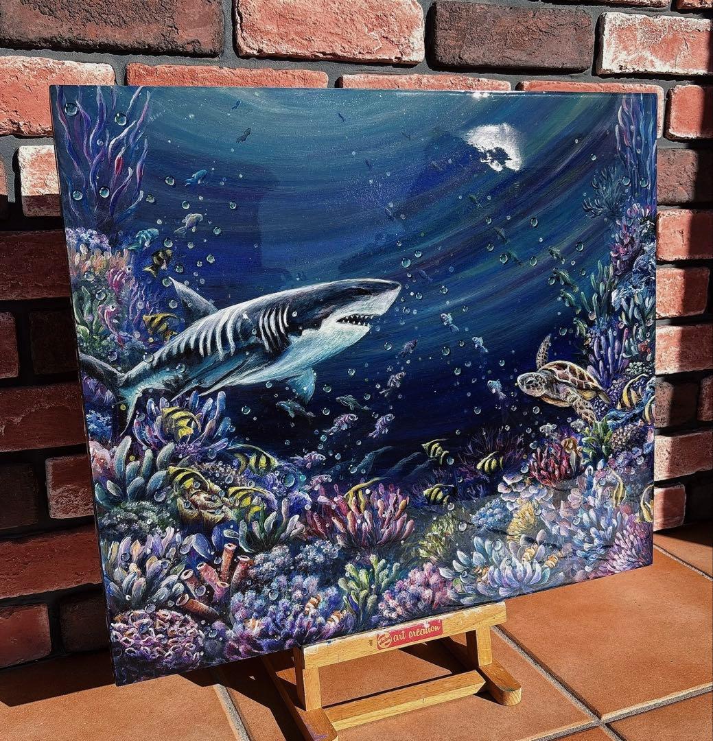 おっちページです　海　ホオジロザメ　珊瑚　レジンアート　原画　絵画 97438e86ca32a68decc042026a7980