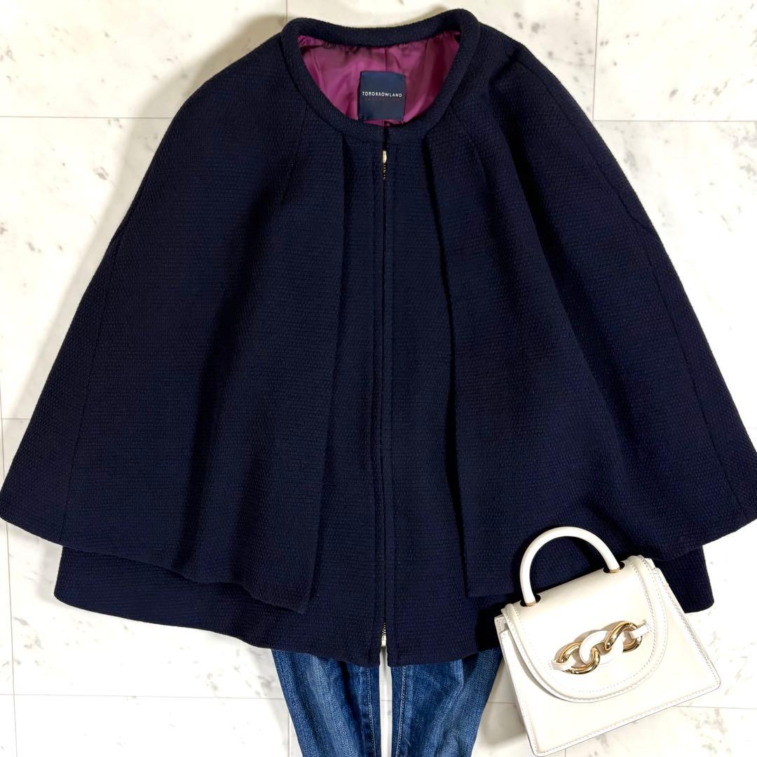 美品 トゥモローランドコレクション ウール ケープ ポンチョコート ネイビー M ウールケープコート レディース スタンドカラー ダークネイビー ダブル