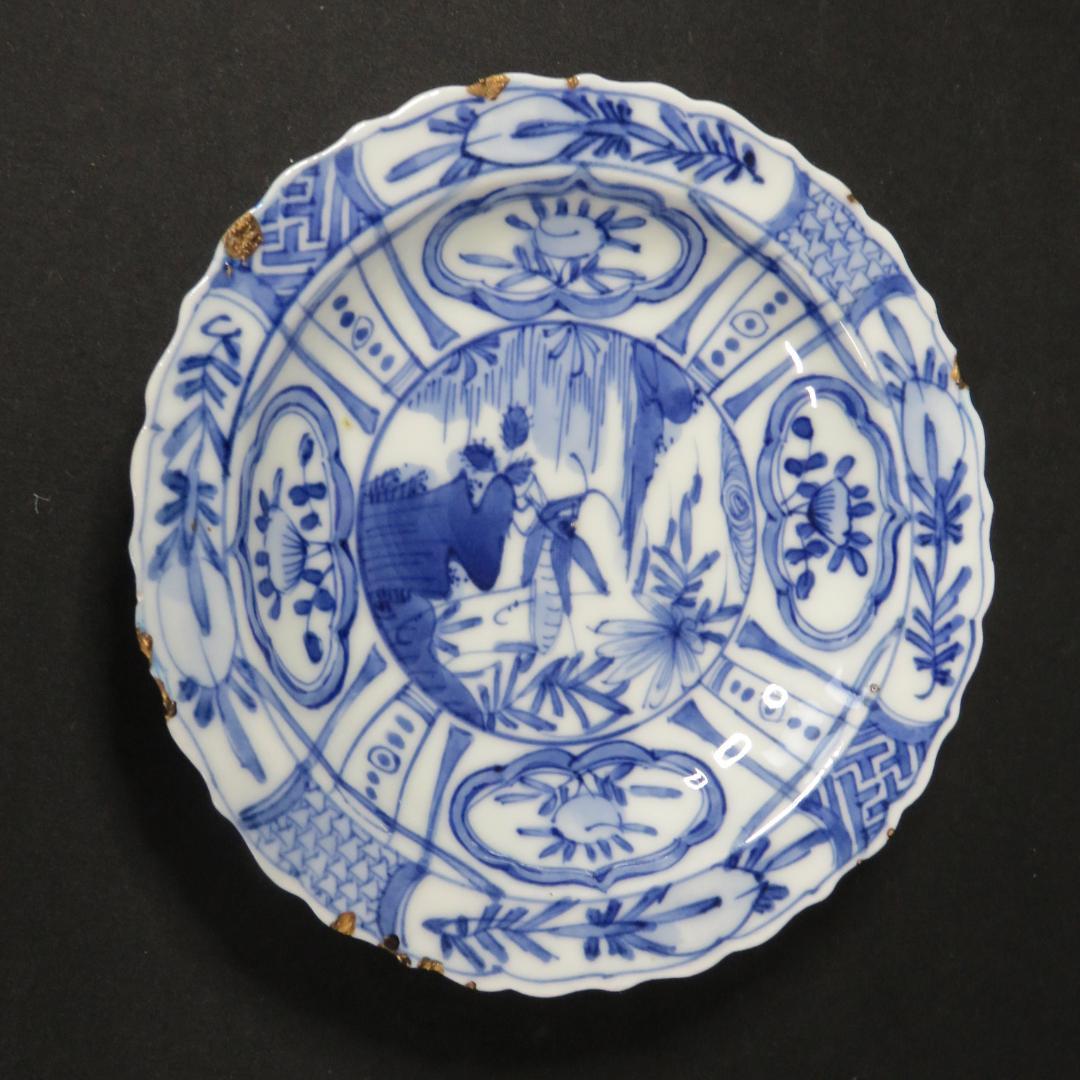 染付 小皿 皿 古伊万里 飛蝗文様 江戸 歪み 欠け 直し 芙蓉手 B傷