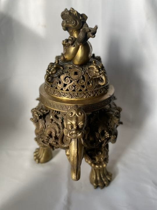 真鍮製 超特大 香炉 高級黄銅製香炉 銘有り 獅子 龍 縁起物 14.70Kg