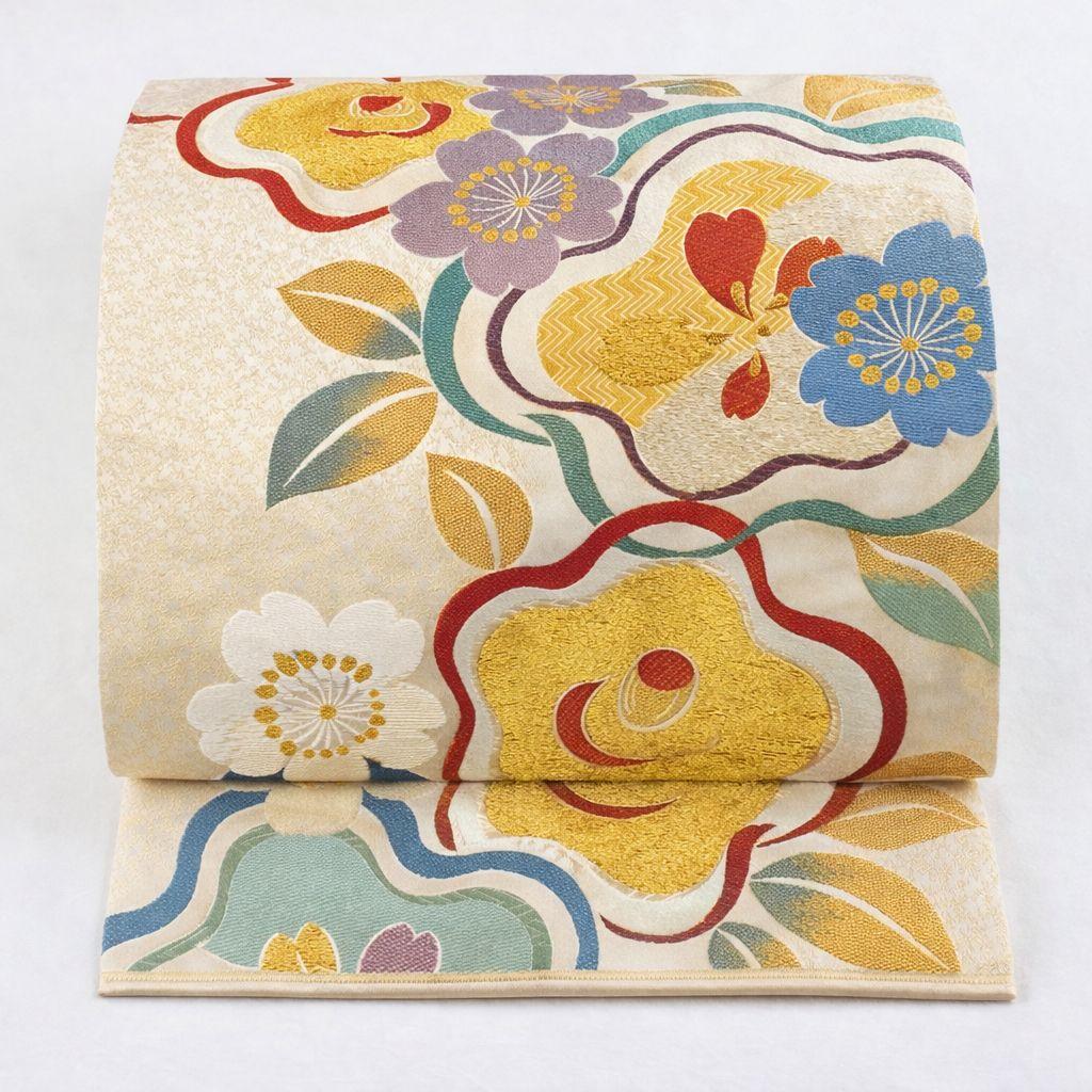 逸品＊正絹 六通柄袋帯 桜舞文様 金銀糸 バイカラー 引箔 美