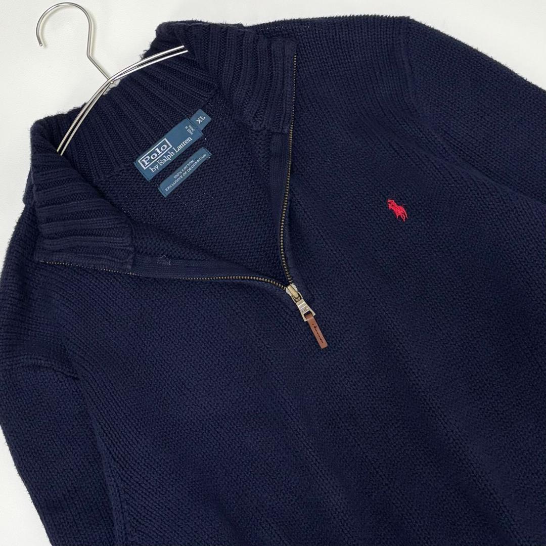美品 ポロラルフローレン ハーフジップ コットンニット XL ネイビー