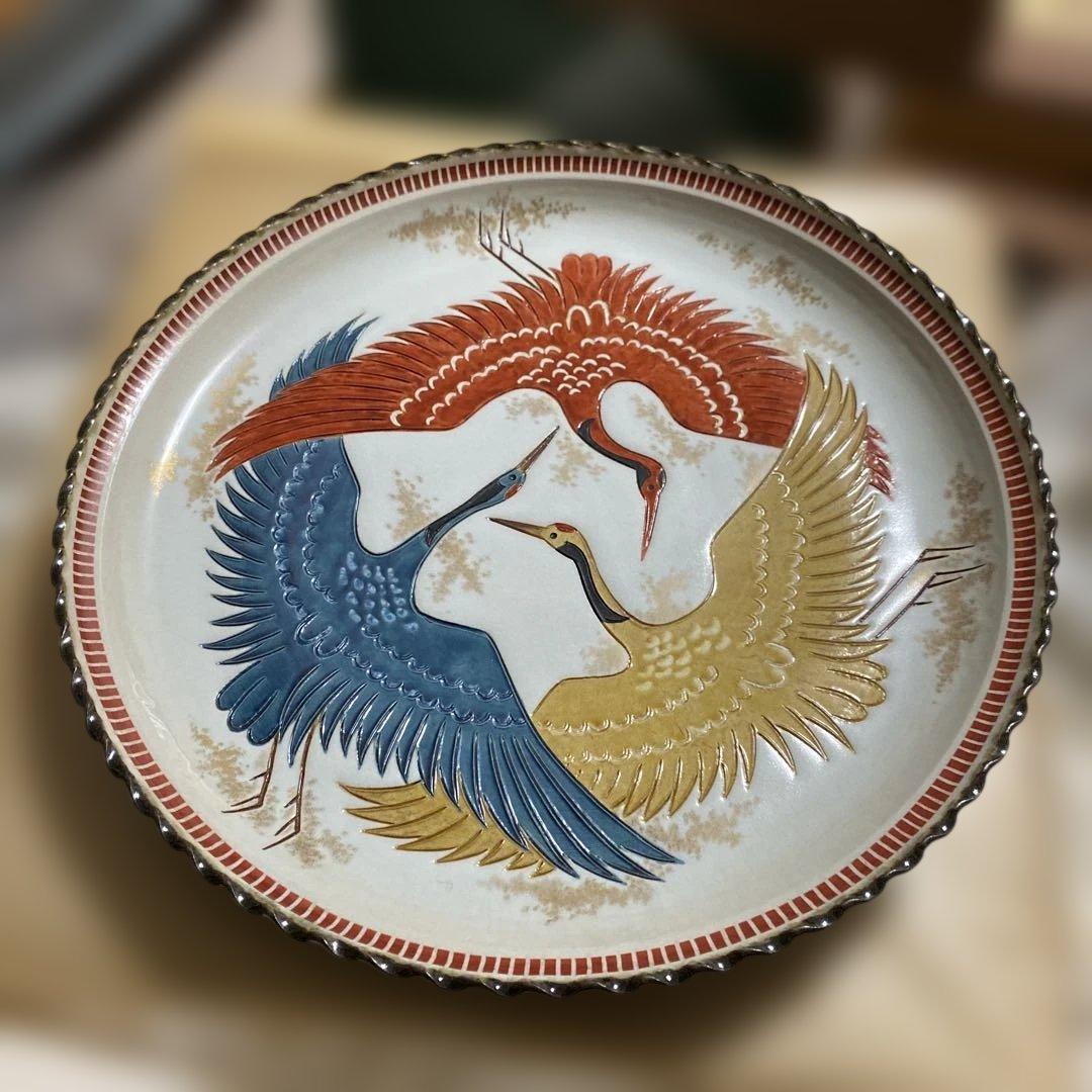 色絵三鶴 額皿 螢窯 中村翠恒氏作 34㎝ 共箱